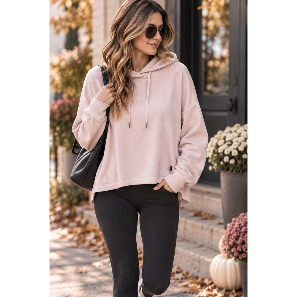 DKNY Sport Womens Pink Velour Hoodie Drop Shoulder Pullover Sweatshirt Small